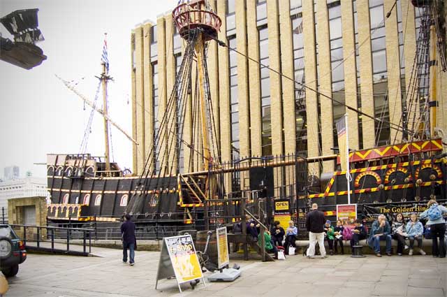 A replica of Sir Francis Drake's ship, the Golden Hinde is moor in a slipway of the River Thames near Southwark Cathedral.